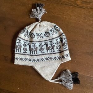 Etno Alpaca Tan Chullo With Inca Design 100% Alpaca Knit Tassel Hat Peru OS